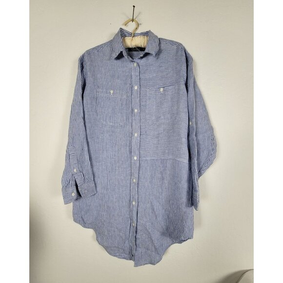 Lauren Ralph Lauren Blue White Striped Linen Button-Down Shirt Small Oversized - Picture 1 of 8